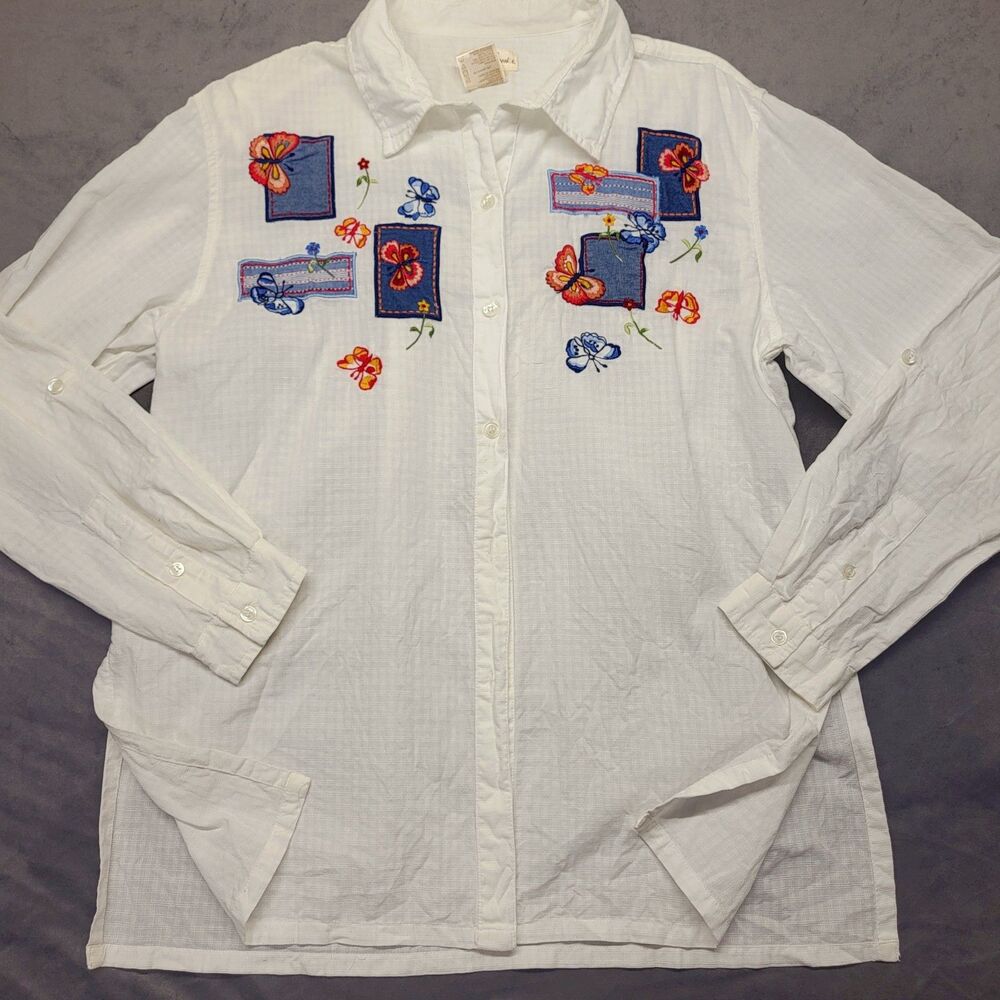 Vintage Bobbie Brooks Button-Up Shirt White Embroidered Long Sleeve Cotton LG
